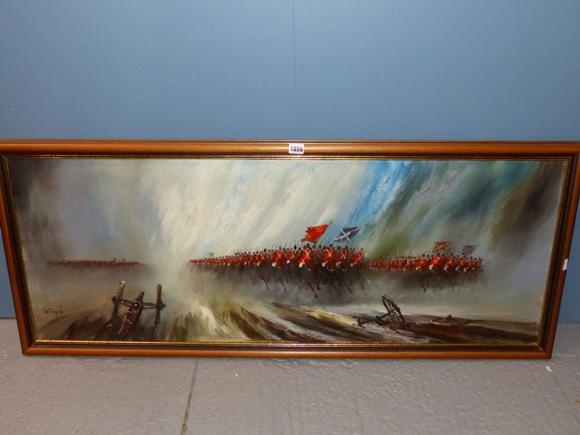 JOHN BAMPFIELD (B.1947) ARR, CAVALRY CHARGE TOWARDS CANNONS, SIGNED, OIL ON CANVAS, 120.5 X 44.5CM. - Image 2 of 9