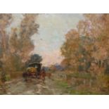 IMPRESSIONIST SCHOOL (LATE 19TH CENTURY), HORSE DRAWN CARRIAGE AND FIGURES ON A TREE LINED ROAD,