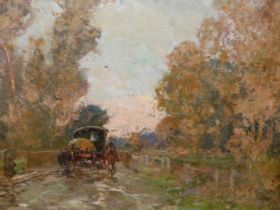 IMPRESSIONIST SCHOOL (LATE 19TH CENTURY), HORSE DRAWN CARRIAGE AND FIGURES ON A TREE LINED ROAD,