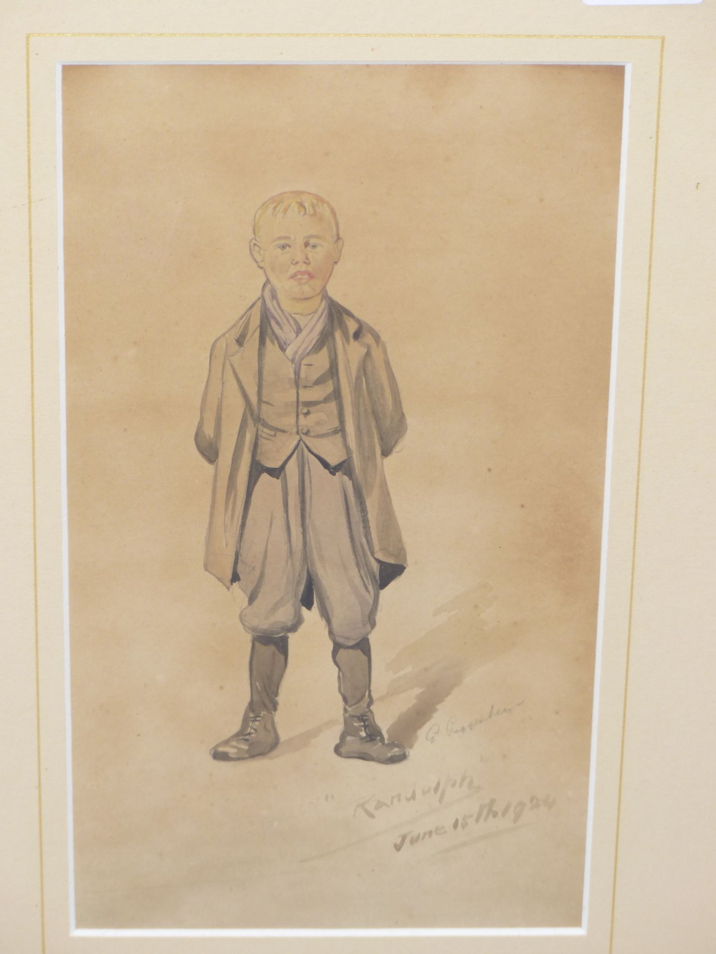 G. GUGGENHEIM, 20TH C. PORTRAIT OF A BOY ENTITLED "RANDOLPH" AND DATED 1924. WATERCOLOUR, 26.5 X - Image 2 of 4