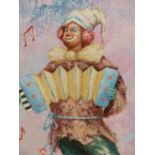 W. MONINET (20TH CENTURY), A CLOWN PLAYING AN ACCORDION, SIGNED, ACRYLIC ON CANVAS, 39.5 X 50CM.