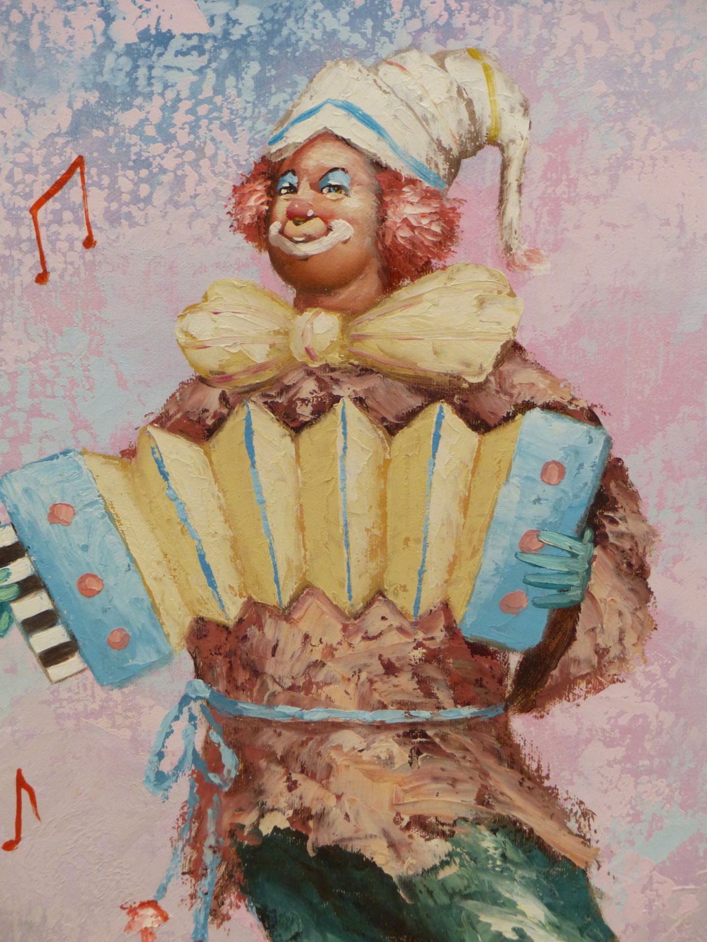 W. MONINET (20TH CENTURY), A CLOWN PLAYING AN ACCORDION, SIGNED, ACRYLIC ON CANVAS, 39.5 X 50CM.