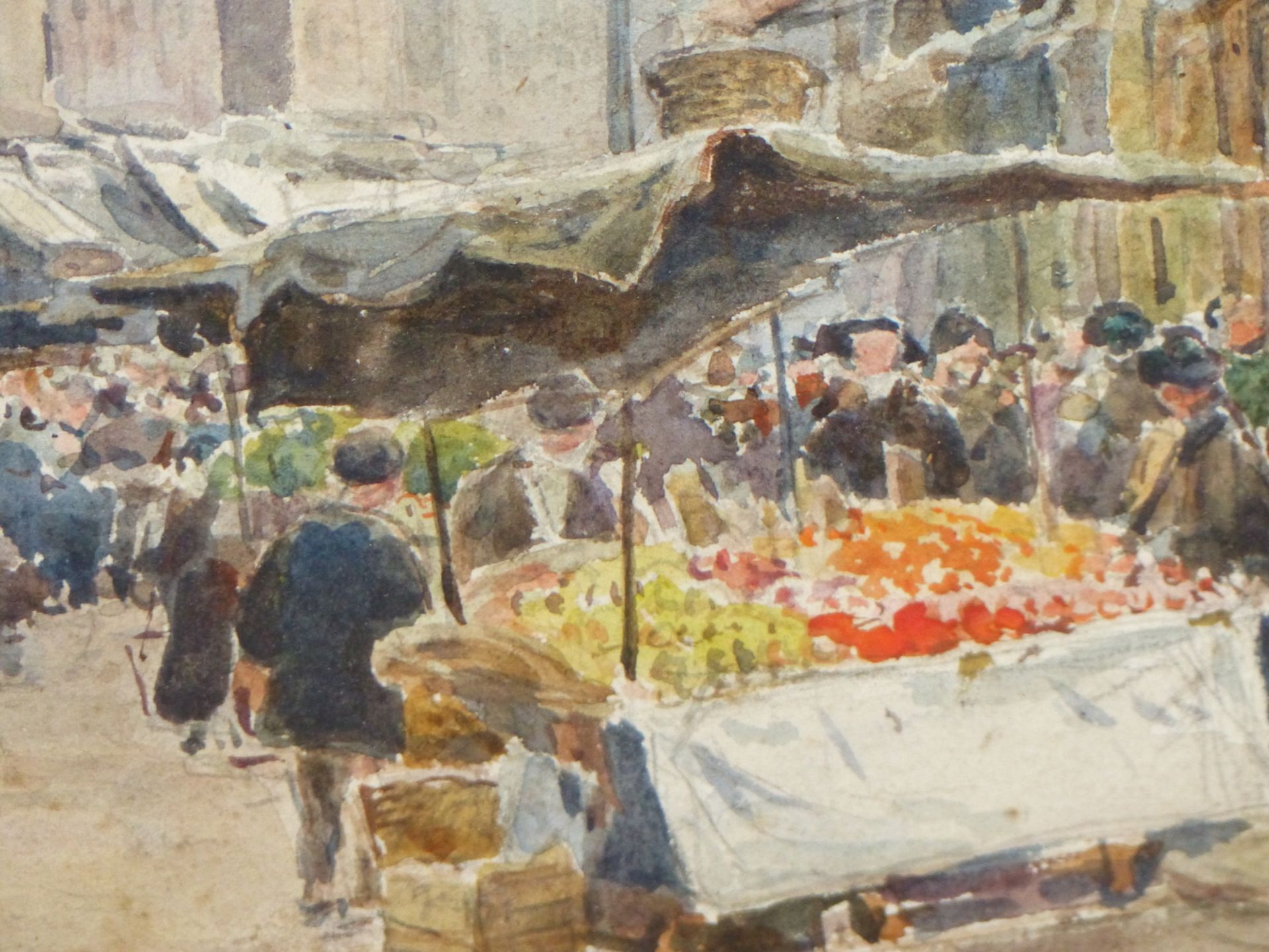 ENGLISH SCHOOL EARLY 20TH C. MARKET SCENE TITLED "BETHNAL GREEN". INDISTINCTLY SIGNED WATERCOLOUR, - Image 4 of 4