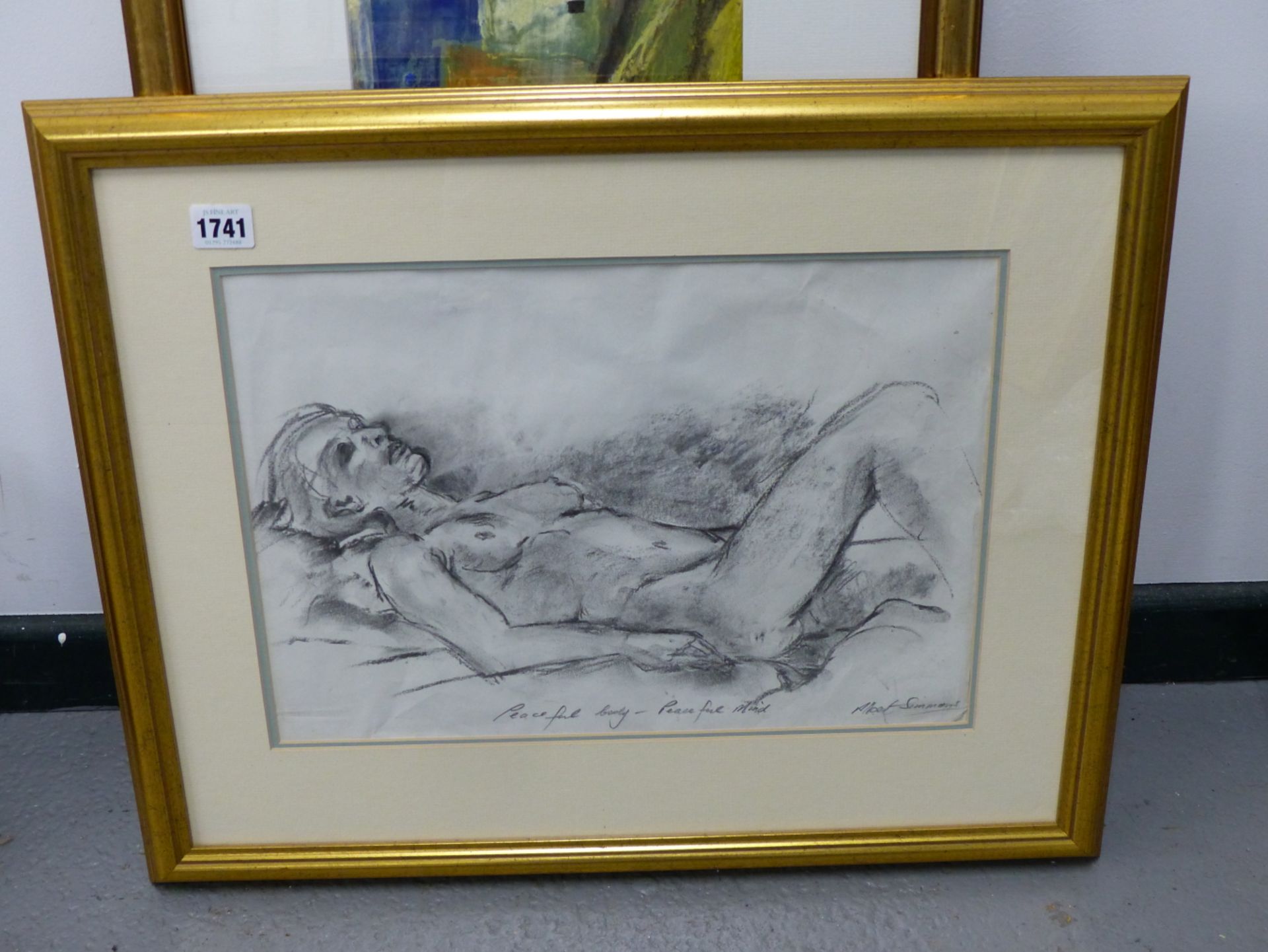 CONTEMPORARY 20TH C. A RECUMBANT NUDE SKETCH ENTITLED "PEACFUL BODY-PEACFUL MIND". GRAPHITE ON - Image 4 of 6