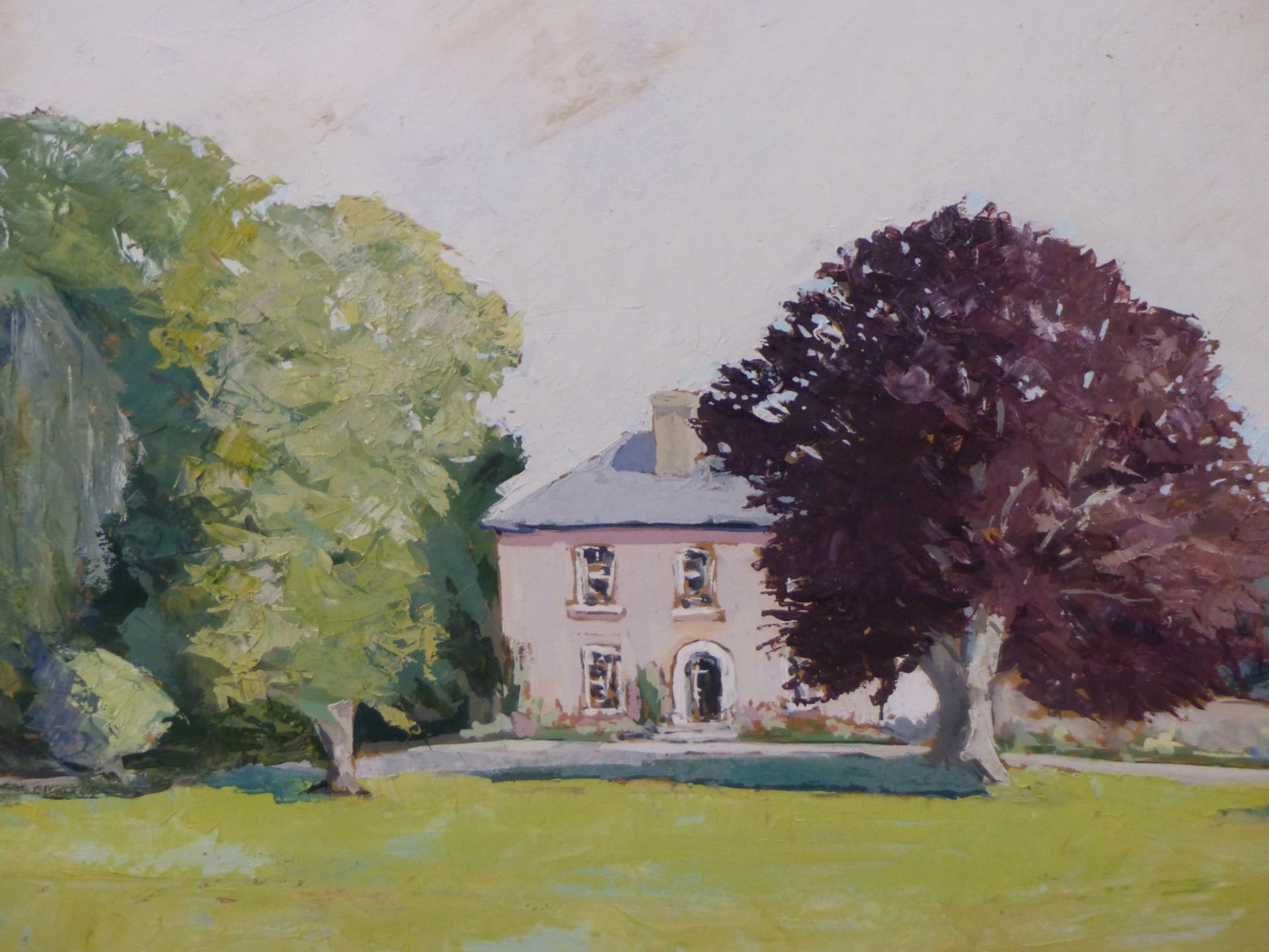 PAUL FOY, 20TH C. IRISH COUNTRY MANORHOUSE AND GROUNDS. OIL AND GOUACHE, 38 X 54.5 CM.