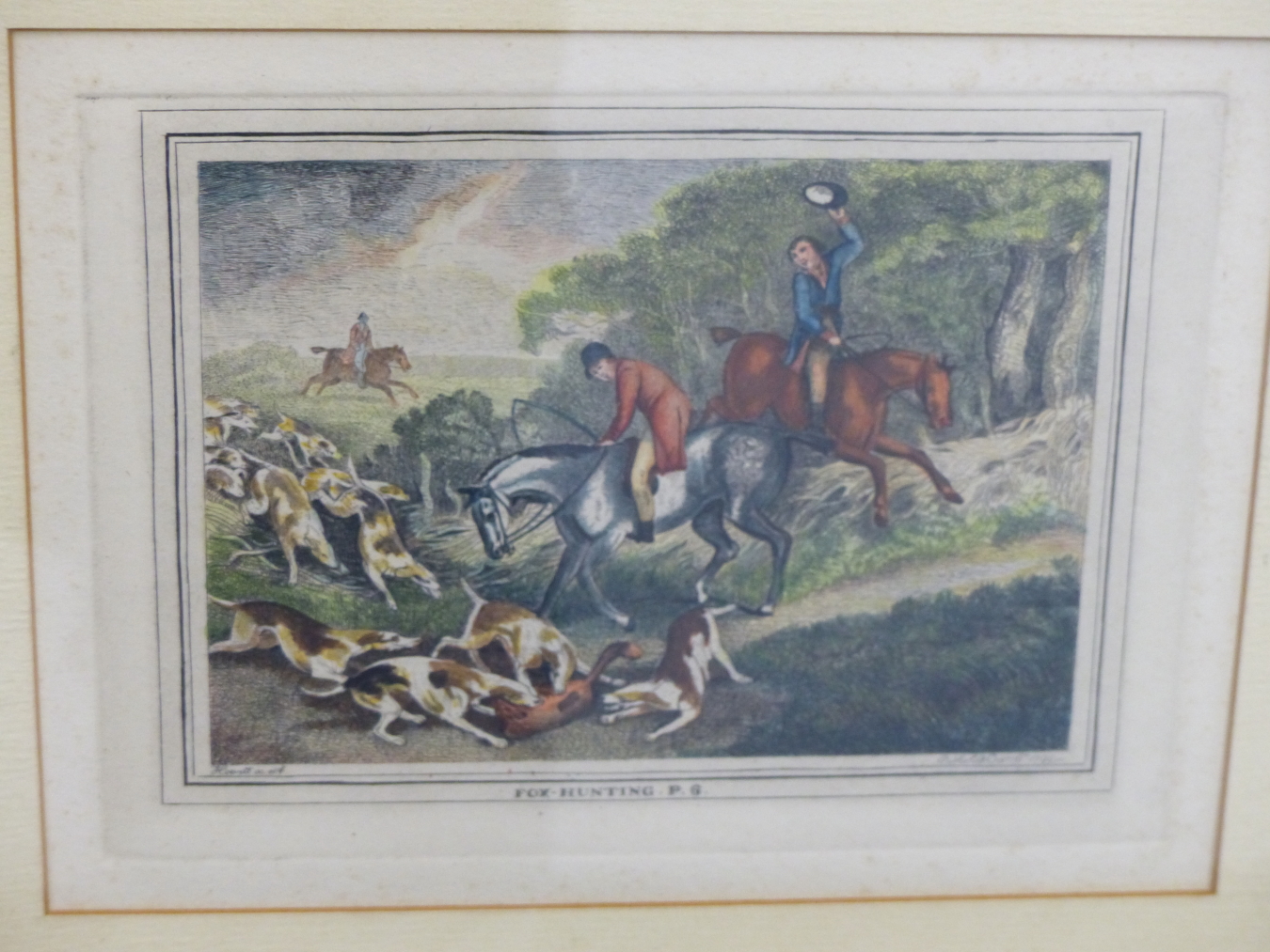 A SET OF SIX FOX HUNTING ENGRAVINGS WITH HAND COLOURING, 17 X 12CM (PL.) TOGETHER WITH AN - Image 6 of 8