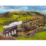 A. JAMES (20TH CENTURY), STEAM TRAIN IN A VALLEY, SIGNED, GOUACHE, 84 X 53.5CM.