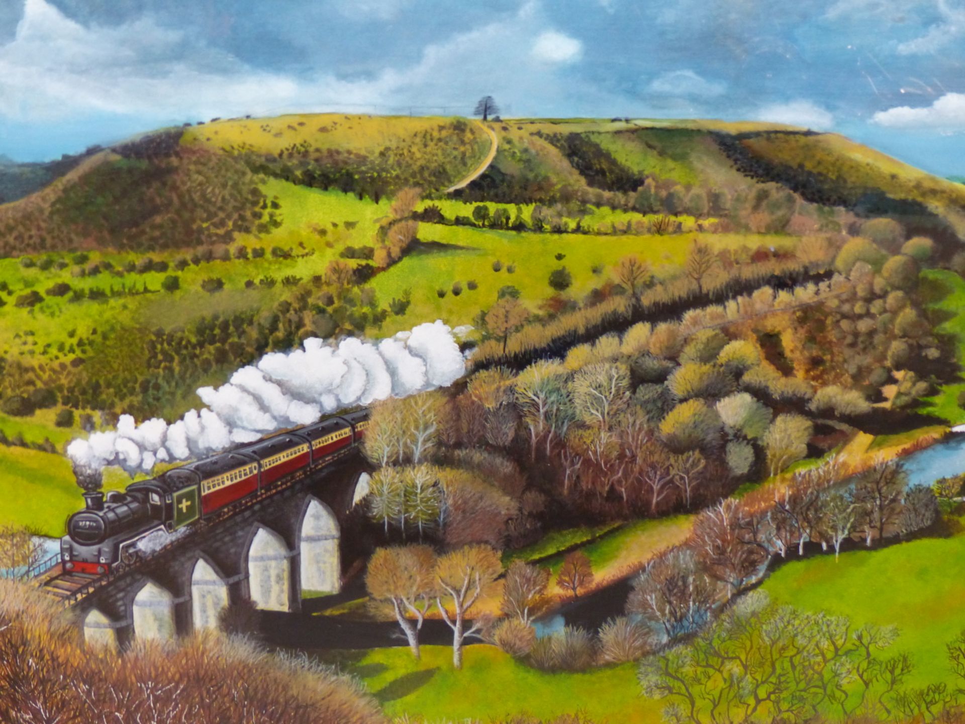 A. JAMES (20TH CENTURY), STEAM TRAIN IN A VALLEY, SIGNED, GOUACHE, 84 X 53.5CM.