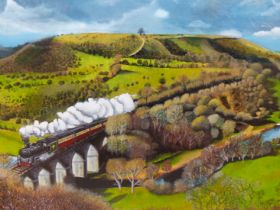 A. JAMES (20TH CENTURY), STEAM TRAIN IN A VALLEY, SIGNED, GOUACHE, 84 X 53.5CM.