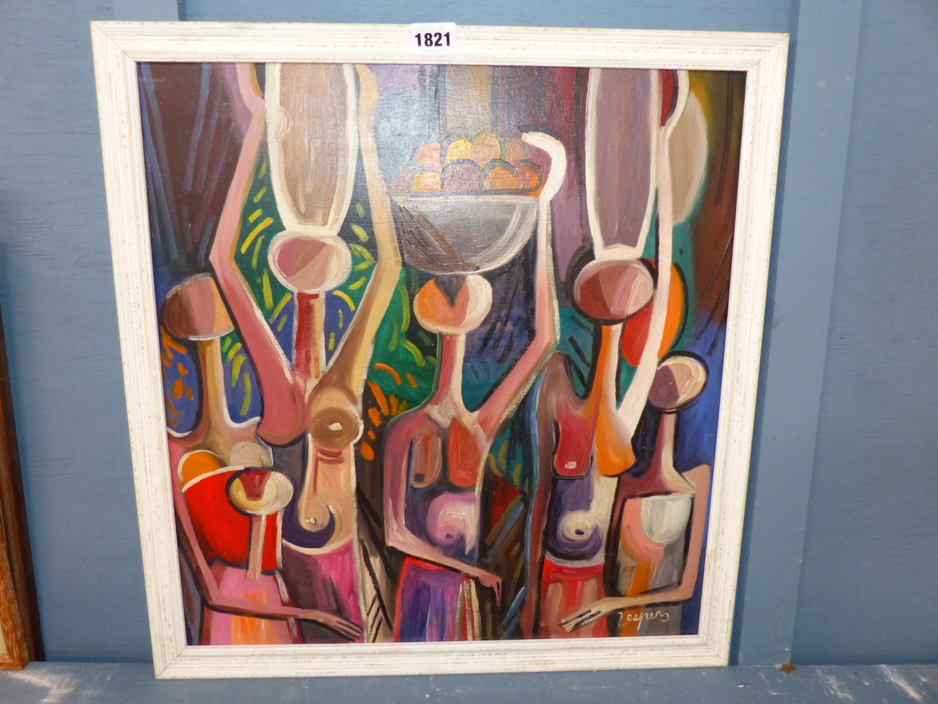 20TH CENTURY SCHOOL, LADIES CARRYING VESSELS ON THEIR HEADS, SIGNED VESPERS, OIL ON BOARD, 43 X 45. - Image 2 of 5