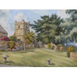 SUSAN WOOLLEY (20TH CENTURY), GARDEN WITH CHURCH AND COTTAGE BEYOND, SIGNED AND DATED 1991,