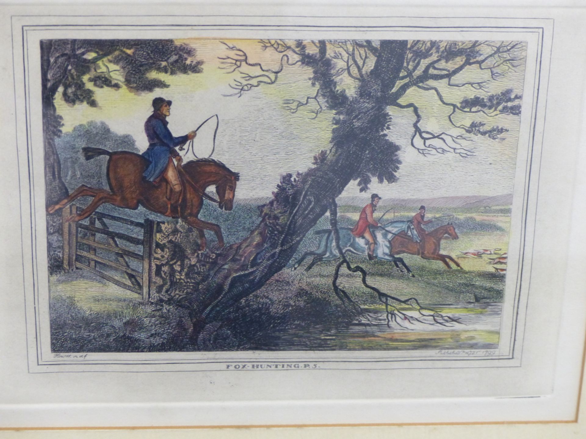 A SET OF SIX FOX HUNTING ENGRAVINGS WITH HAND COLOURING, 17 X 12CM (PL.) TOGETHER WITH AN - Image 3 of 8
