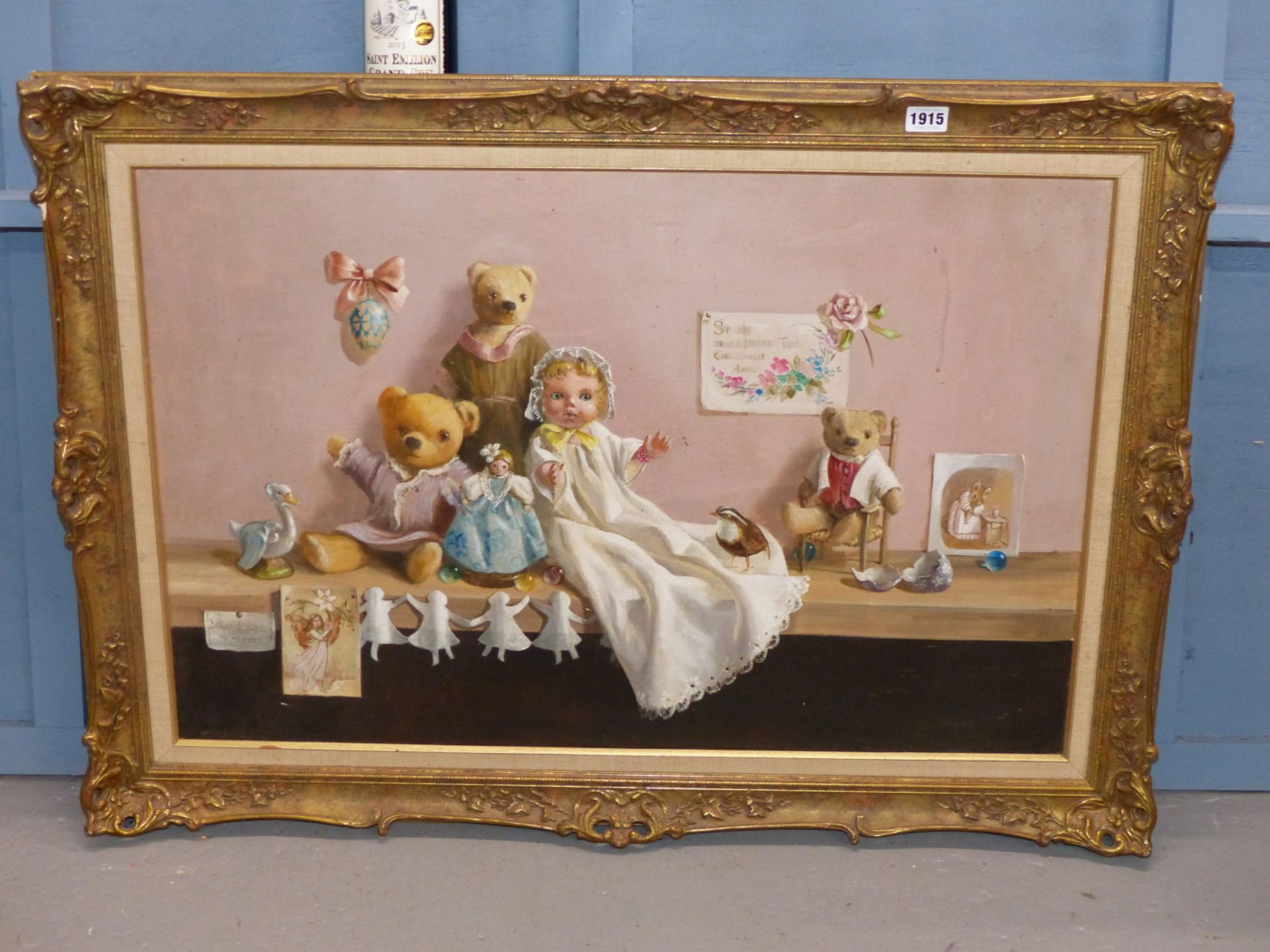 DEBORAH JONES (1921-2012) ARR, TEDDY BEARS AND DOLLS ON A SHELF, SIGNED AND DATED 1982, OIL ON - Image 2 of 5