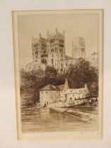 DURHAM CATHEDRAL FROM THE RIVER, ETCHING, INDISTINCTLY SIGNED AND TITLED IN PENCIL, 12.5 X 20.5CM,