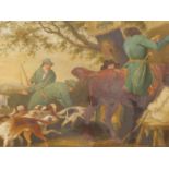 ENGLISH SCHOOL EARLY 19TH CENTURY, FOX HUNTING SCENES, A PAIR, OIL ON PANEL, 38.5 X 29CM. (2)