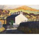 CHRISTOPHER COMPTON HALL, BRITISH 1930-2016. CWMYSTRADLLYN WELSH VILLAGE SCENE BEFORE MOUNTAINS. OIL