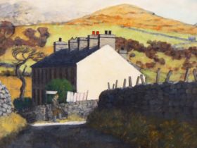 CHRISTOPHER COMPTON HALL, BRITISH 1930-2016. CWMYSTRADLLYN WELSH VILLAGE SCENE BEFORE MOUNTAINS. OIL
