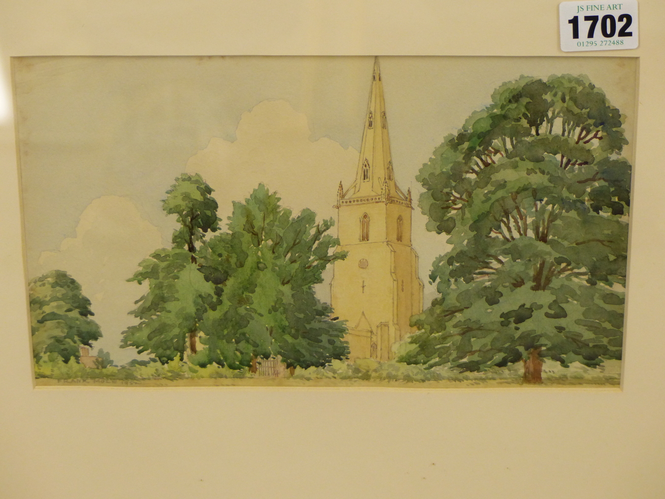 FRANK MOLE, BRITISH 1891-1976. ENGLISH CHURCH SCENE DATED 1952. WATERCOLOUR, 15 X 25.5 CM. - Image 2 of 4