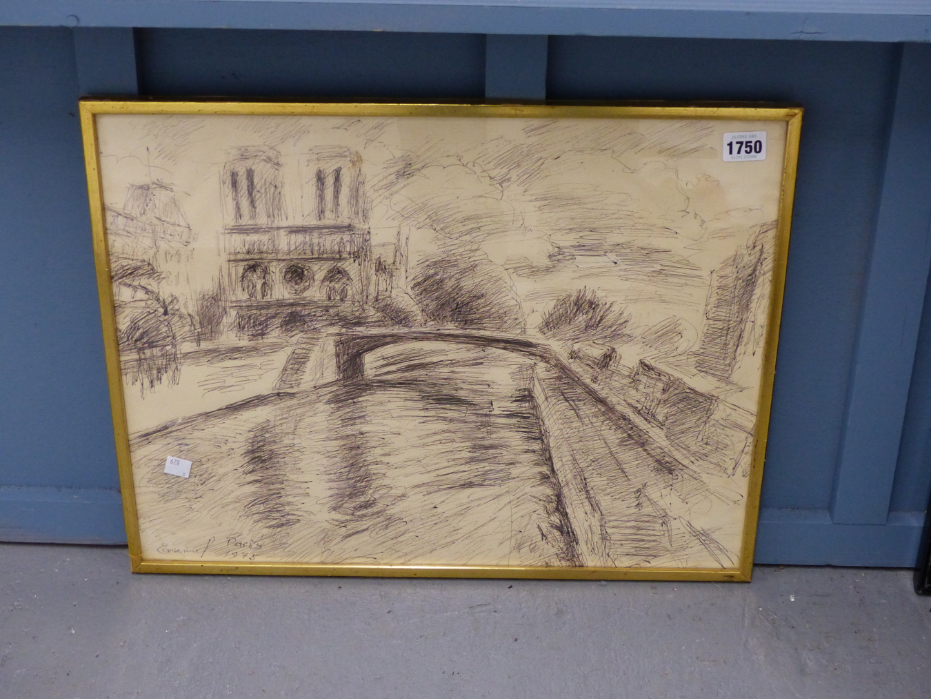CONTEMPORARY CONTINENTAL, MODERNIST ABSTRACT PARISIAN SCENE SIGNED "EMANUEL" AND DATED 1975. INK - Image 2 of 4
