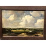 ENGLISH SCHOOL 19THC. A TRAVELLER IN LOWLAND COUNTRYSIDE UNDER AN EXPANSIVE SKY. UNSIGNED OIL ON