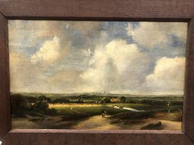ENGLISH SCHOOL 19THC. A TRAVELLER IN LOWLAND COUNTRYSIDE UNDER AN EXPANSIVE SKY. UNSIGNED OIL ON