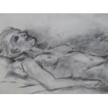 CONTEMPORARY 20TH C. A RECUMBANT NUDE SKETCH ENTITLED "PEACFUL BODY-PEACFUL MIND". GRAPHITE ON
