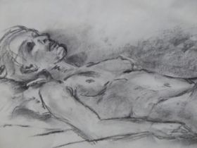CONTEMPORARY 20TH C. A RECUMBANT NUDE SKETCH ENTITLED "PEACFUL BODY-PEACFUL MIND". GRAPHITE ON