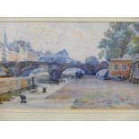 CONTINENTAL EARLY 20TH C. IMPRESSIONIST STYLE PARISIAN QUAYSIDE SCENE. WATERCOLOUR, 15 X 24 CM.