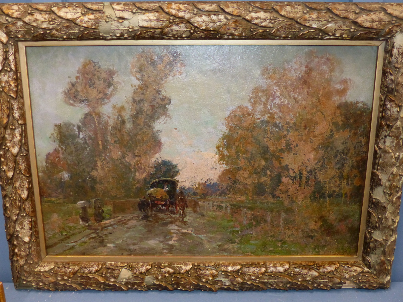 IMPRESSIONIST SCHOOL (LATE 19TH CENTURY), HORSE DRAWN CARRIAGE AND FIGURES ON A TREE LINED ROAD, - Image 2 of 7