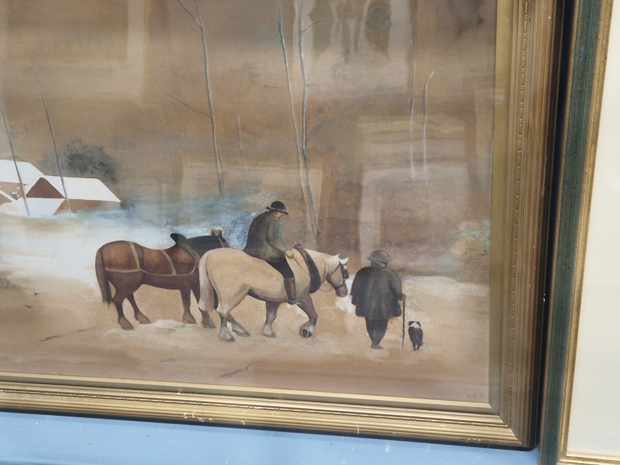 CONTINENTAL SCHOOL, 20THC. NORTHERN EUROPEAN NAIVE STYLE WINTER SCENE WITH HORSES ON A TRACK. - Image 2 of 6