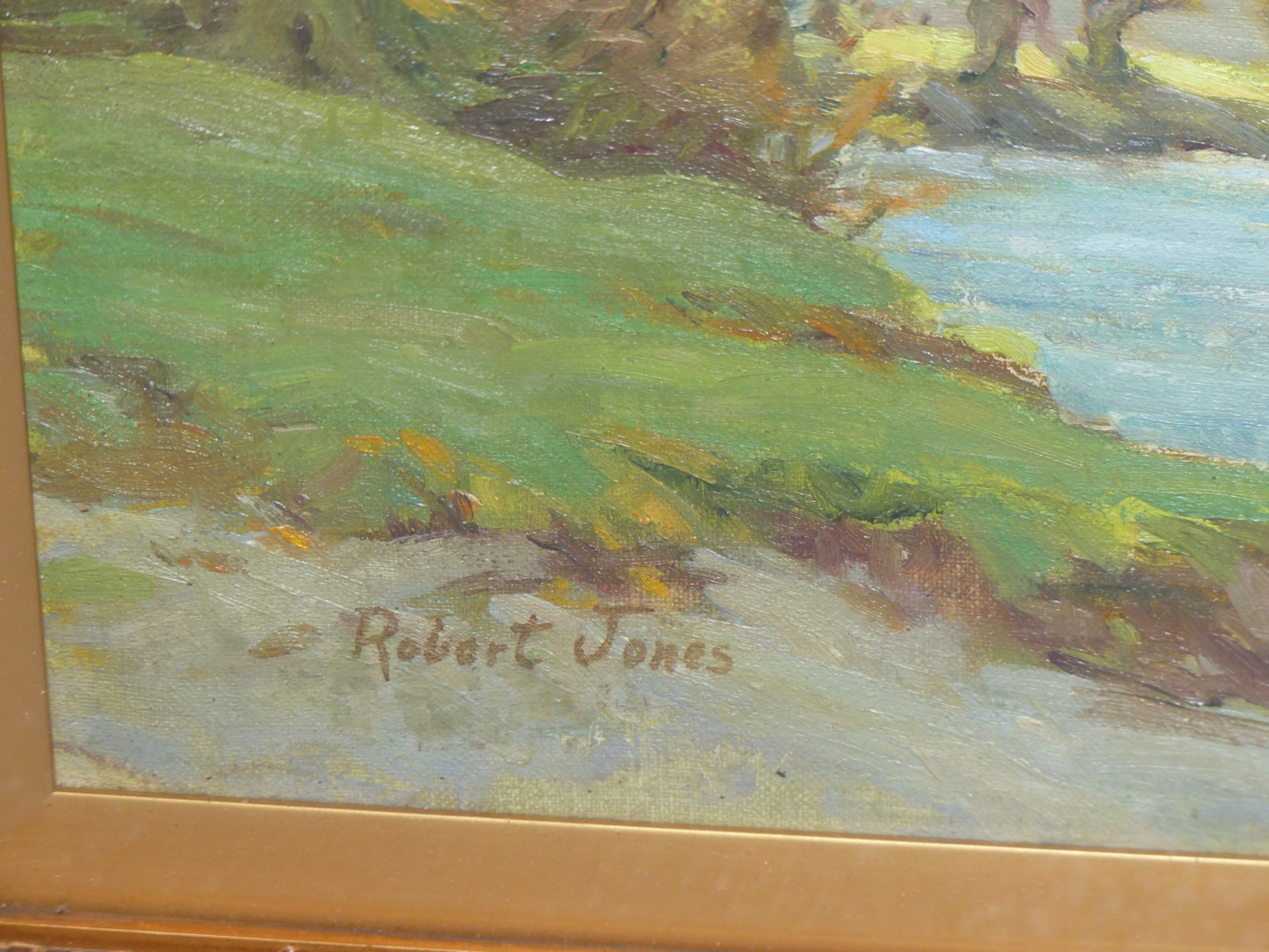 ROBERT JONES (EXH.1906-1940), LANDSCAPE AND TREES IN SUNLIGHT, SIGNED, OIL ON CANVAS, 49 X 28.5CM, - Image 4 of 5