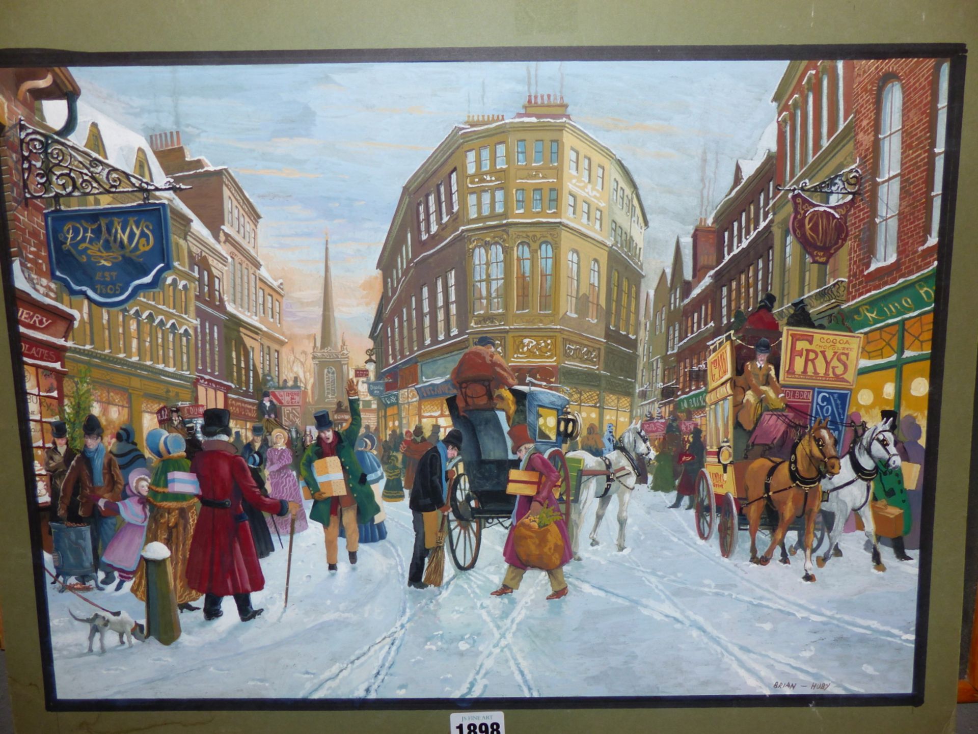 BRIAN HUBY (20TH CENTURY) ARR, A VICTORIAN STREET SCENE WITH FIGURES AND CARRIAGES IN THE SNOW,