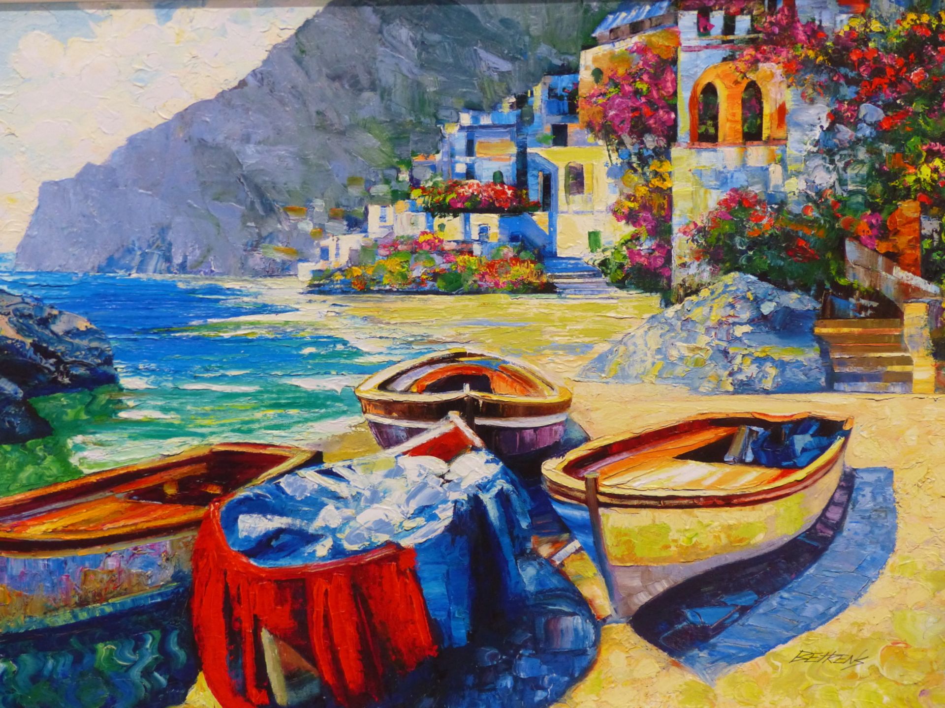 HOWARD BEHRENS (1933-2014) AMERICAN, SEASIDE, SIGNED, MIXED MEDIA ON CANVAS, 79 X 59CM. GALLERY