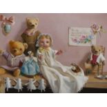 DEBORAH JONES (1921-2012) ARR, TEDDY BEARS AND DOLLS ON A SHELF, SIGNED AND DATED 1982, OIL ON