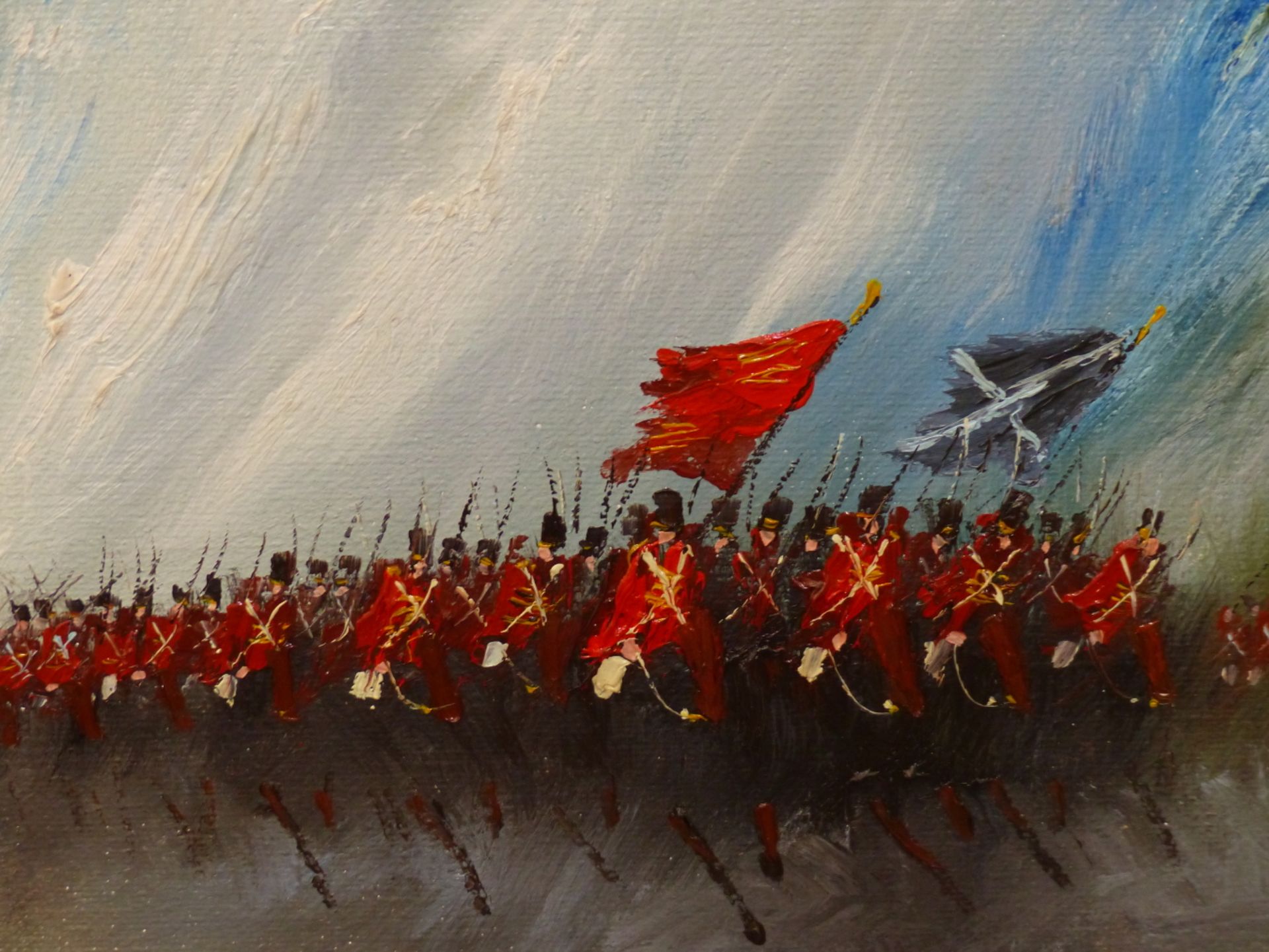 JOHN BAMPFIELD (B.1947) ARR, CAVALRY CHARGE TOWARDS CANNONS, SIGNED, OIL ON CANVAS, 120.5 X 44.5CM. - Image 5 of 9