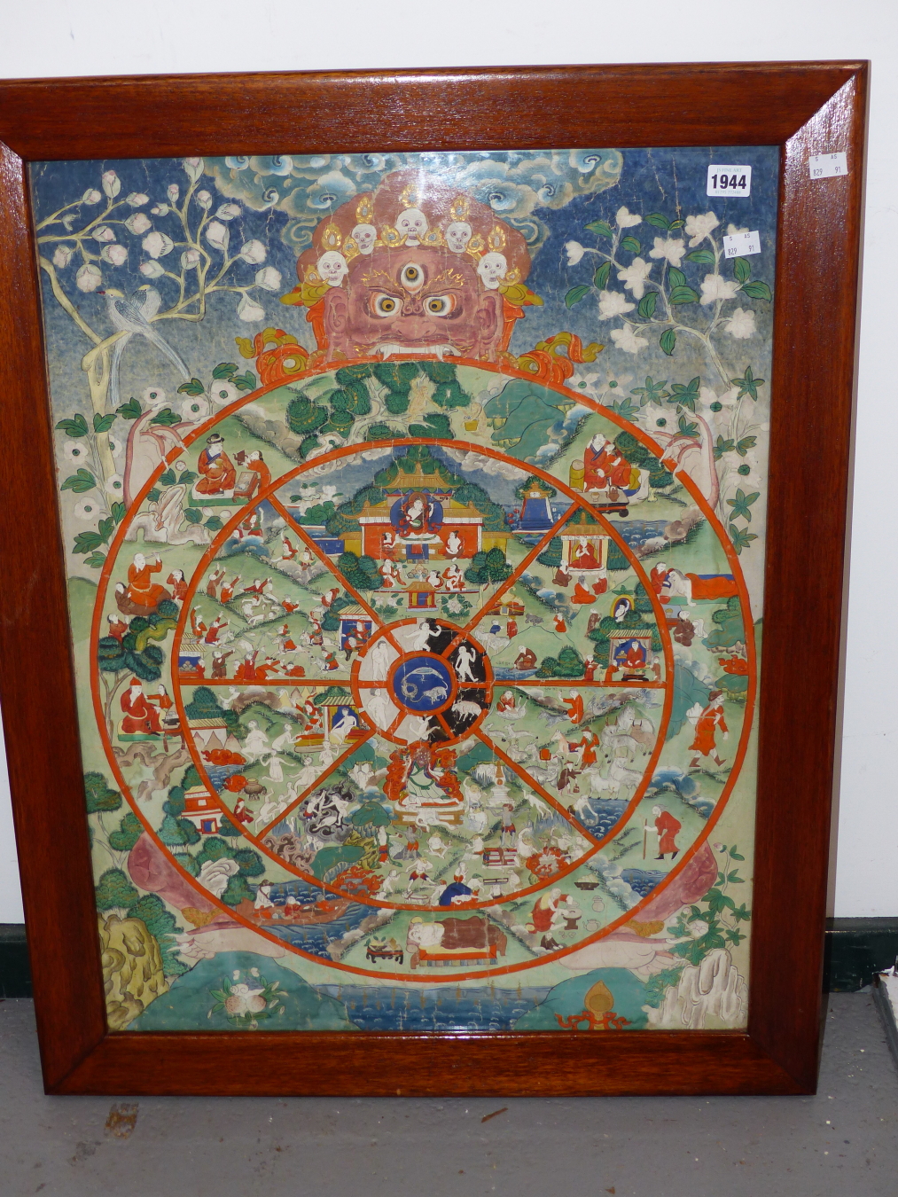 SINO TIBETAN SCHOOL, 19THC. FRAMED TIBETAN THANG-KA DEPICTING CIRCLE OF LIFE. DISTEMPER ON LINEN, - Bild 2 aus 8