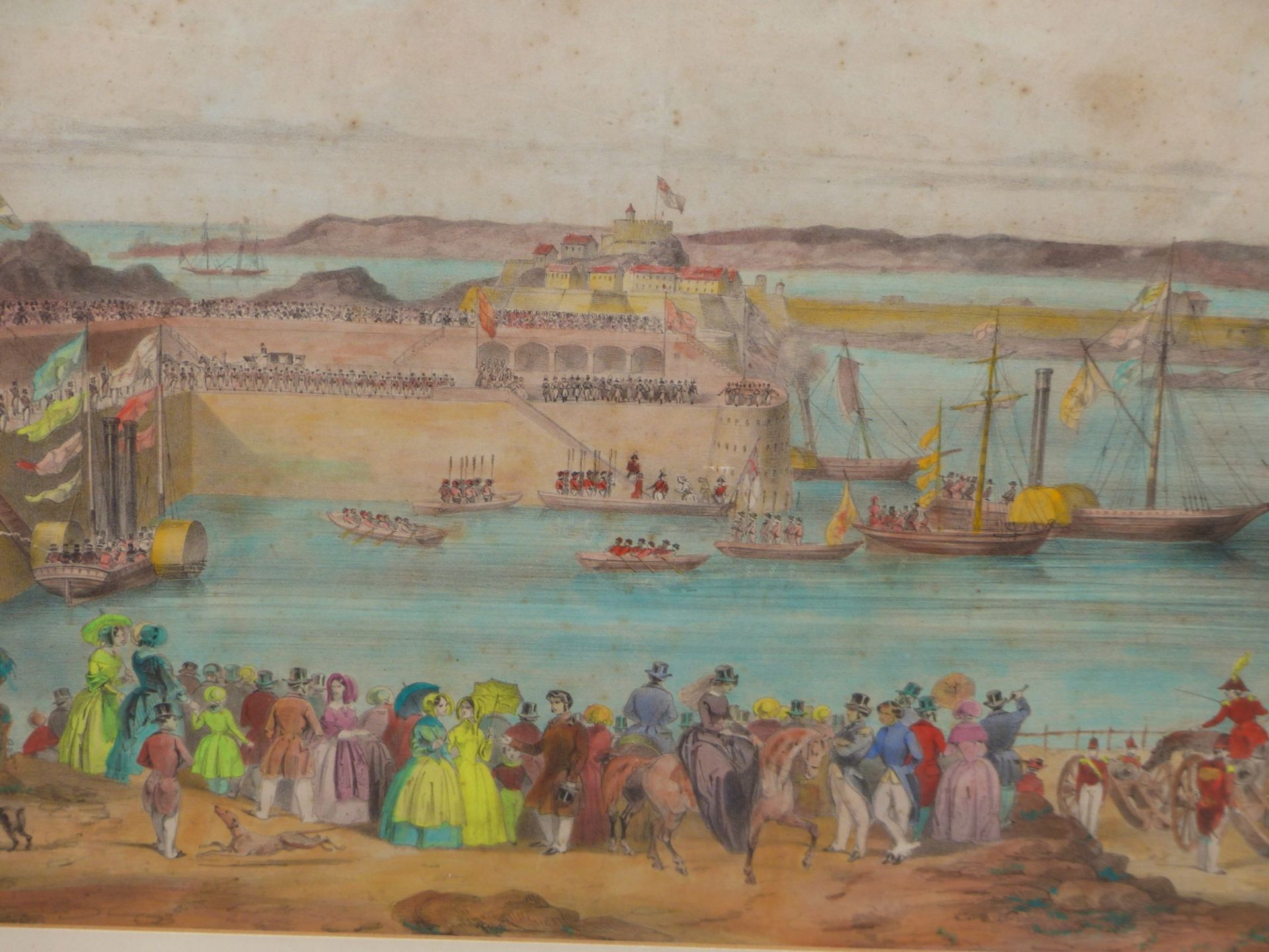 D' AUBERT & CIE, 19THC. LANDING OF QUEEN VICTORIA IN VICTORIA HARBOUR JERSEY. HAND COLOURED