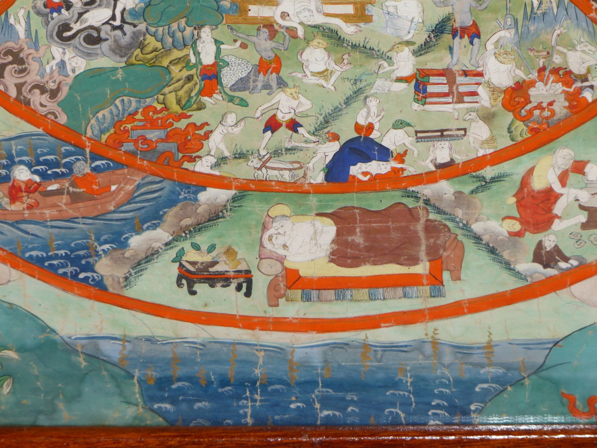 SINO TIBETAN SCHOOL, 19THC. FRAMED TIBETAN THANG-KA DEPICTING CIRCLE OF LIFE. DISTEMPER ON LINEN, - Image 7 of 8