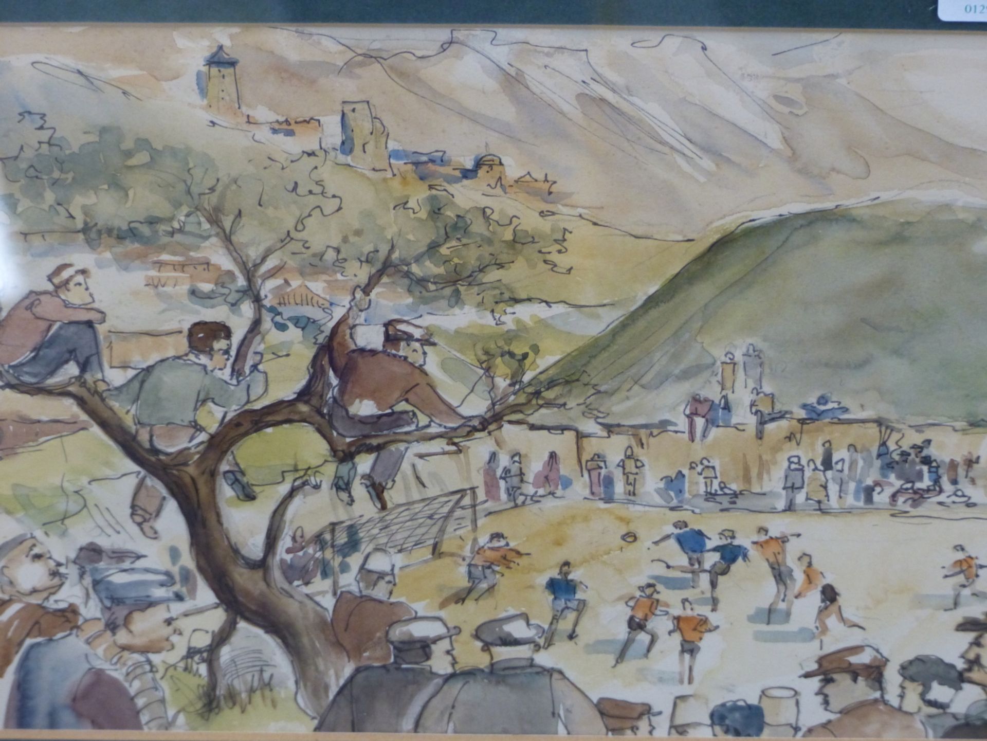 CONTINENTAL SCHOOL, 20TH C. A VILLAGE FOOTBALL MATCH, UNSIGNED WATERCOLOUR. 20 X 27 CM. - Image 6 of 7