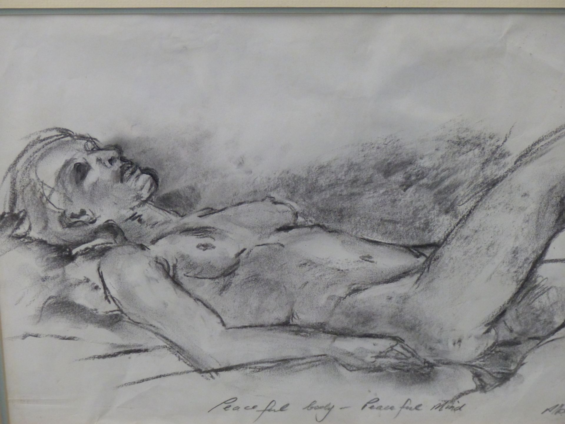 CONTEMPORARY 20TH C. A RECUMBANT NUDE SKETCH ENTITLED "PEACFUL BODY-PEACFUL MIND". GRAPHITE ON - Image 3 of 6