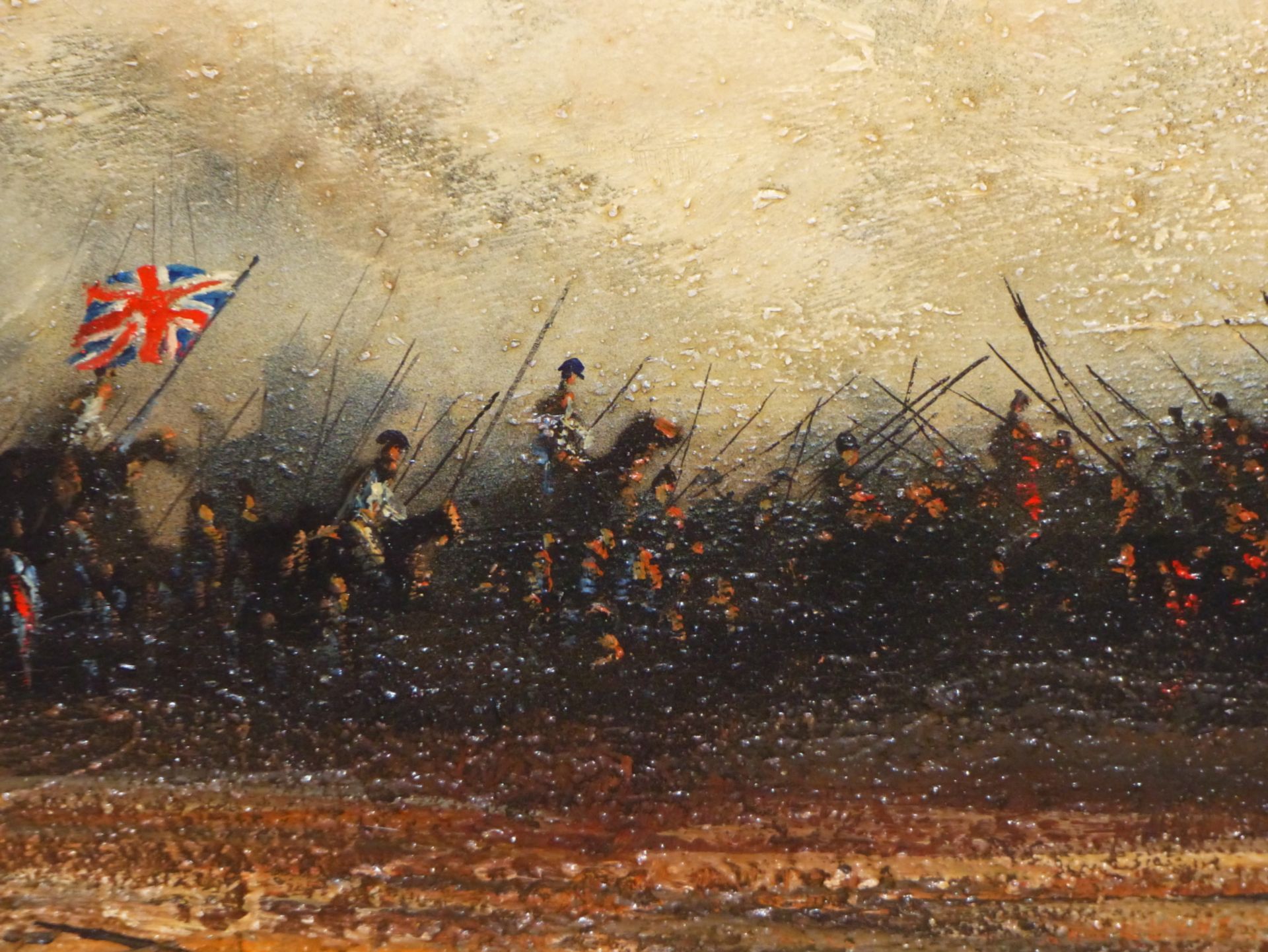 MIKE NANCE, BRITISH 20TH C. CONTEMPORARY NAPOLEONIC BATTLEFIELD SCENE. TEXTURED OIL ON BOARD, 45 X - Image 5 of 6