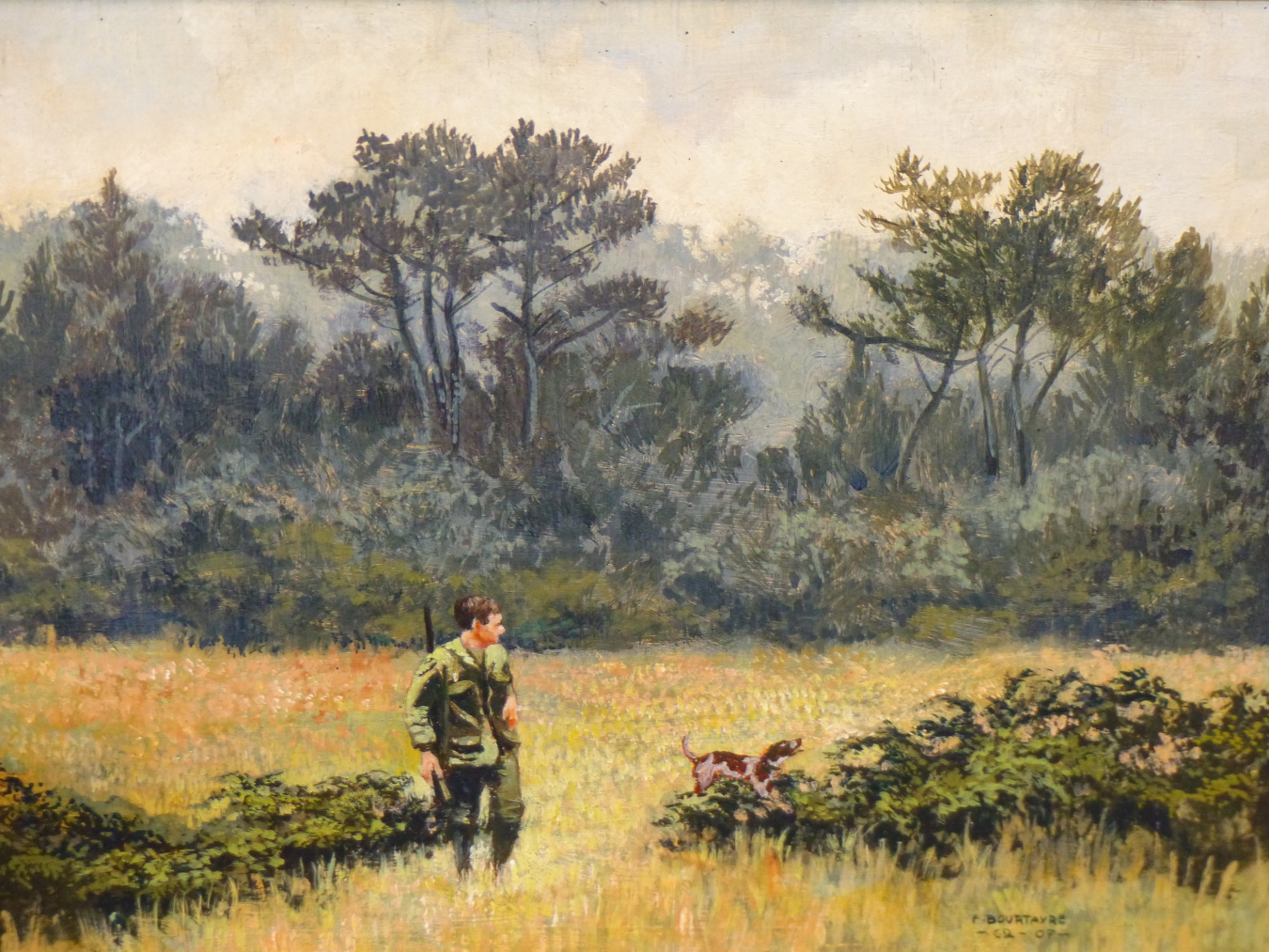 F. BOURTAYRE, 20TH C. GAMEKEEPER AND DOG. OIL ON PANEL, 23 X 29 CM. - Bild 2 aus 4