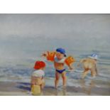 PAULINE BROWN (20TH CENTURY), CHILDREN PLAYING ON A BEACH, SIGNED, OIL ON BOARD, 24 X 19CM, TOGETHER