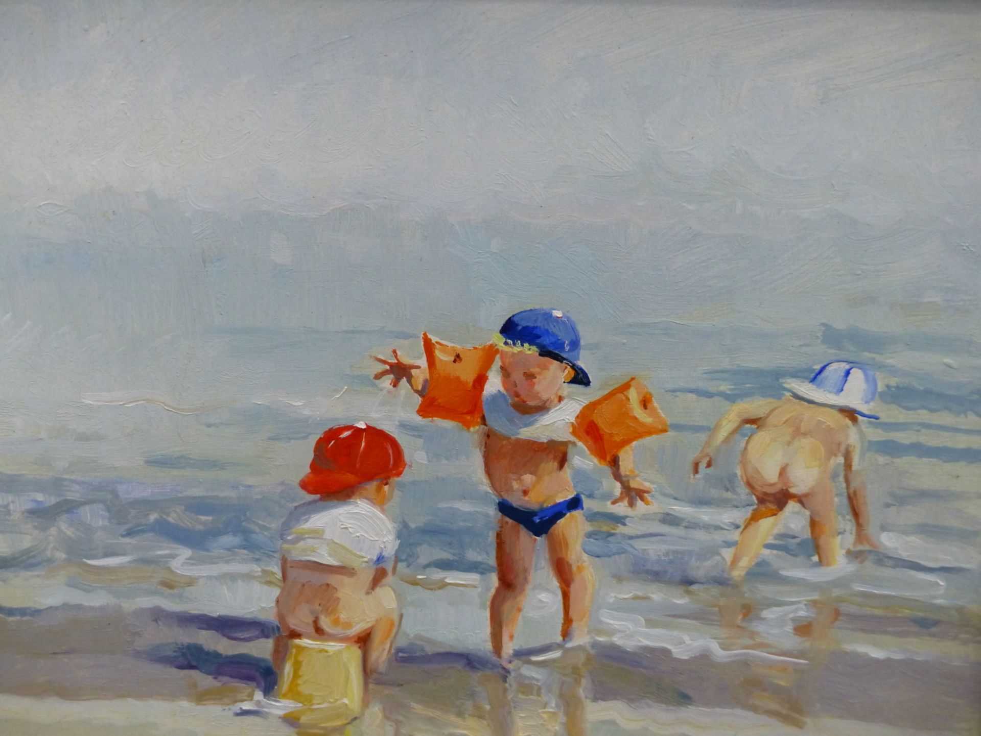 PAULINE BROWN (20TH CENTURY), CHILDREN PLAYING ON A BEACH, SIGNED, OIL ON BOARD, 24 X 19CM, TOGETHER