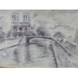 CONTEMPORARY CONTINENTAL, MODERNIST ABSTRACT PARISIAN SCENE SIGNED "EMANUEL" AND DATED 1975. INK