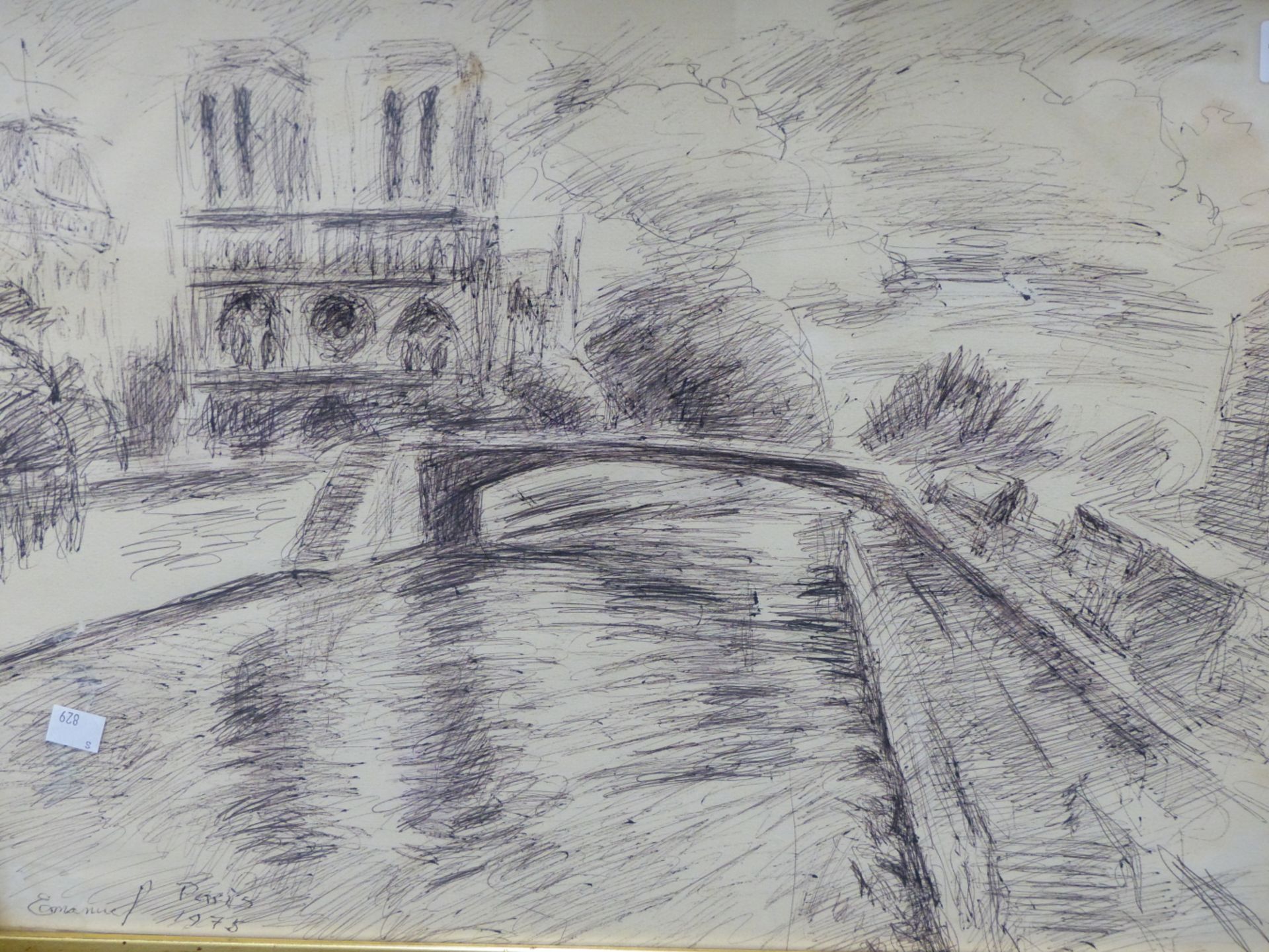 CONTEMPORARY CONTINENTAL, MODERNIST ABSTRACT PARISIAN SCENE SIGNED "EMANUEL" AND DATED 1975. INK