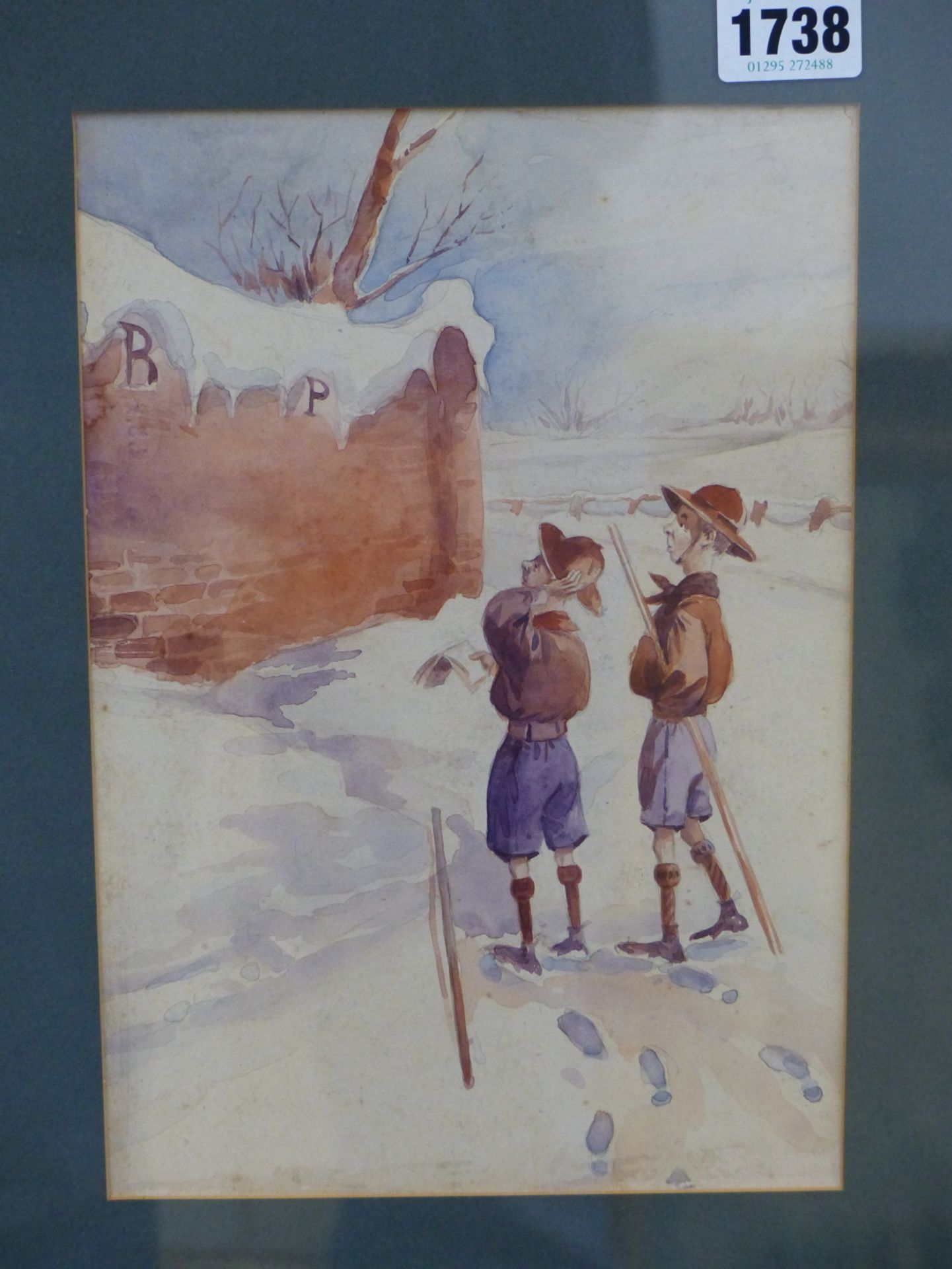 ENGLISH SCHOOL 20TH C. SCOUTING INTEREST. TWO SPINDELY BOY SCOUTS TREKKING IN SNOW PONDER THE - Image 2 of 3