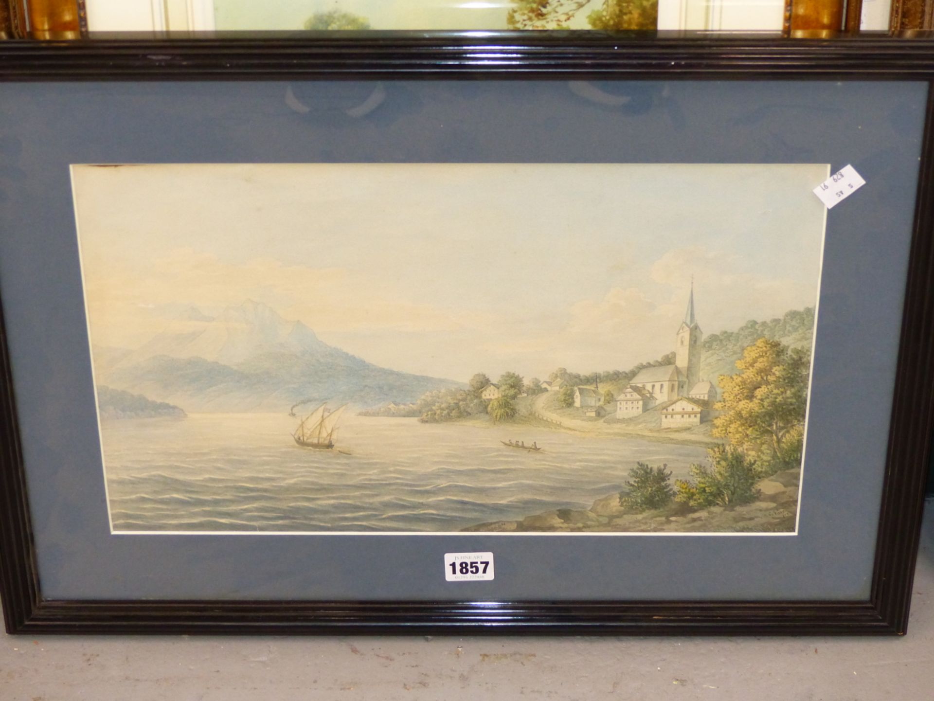 C. VOSS (19TH CENTURY), MOUNTAINOUS LANDSCAPE WITH BOATS ON A LAKE, SIGNED, WATERCOLOUR, 43 X 25. - Image 3 of 4