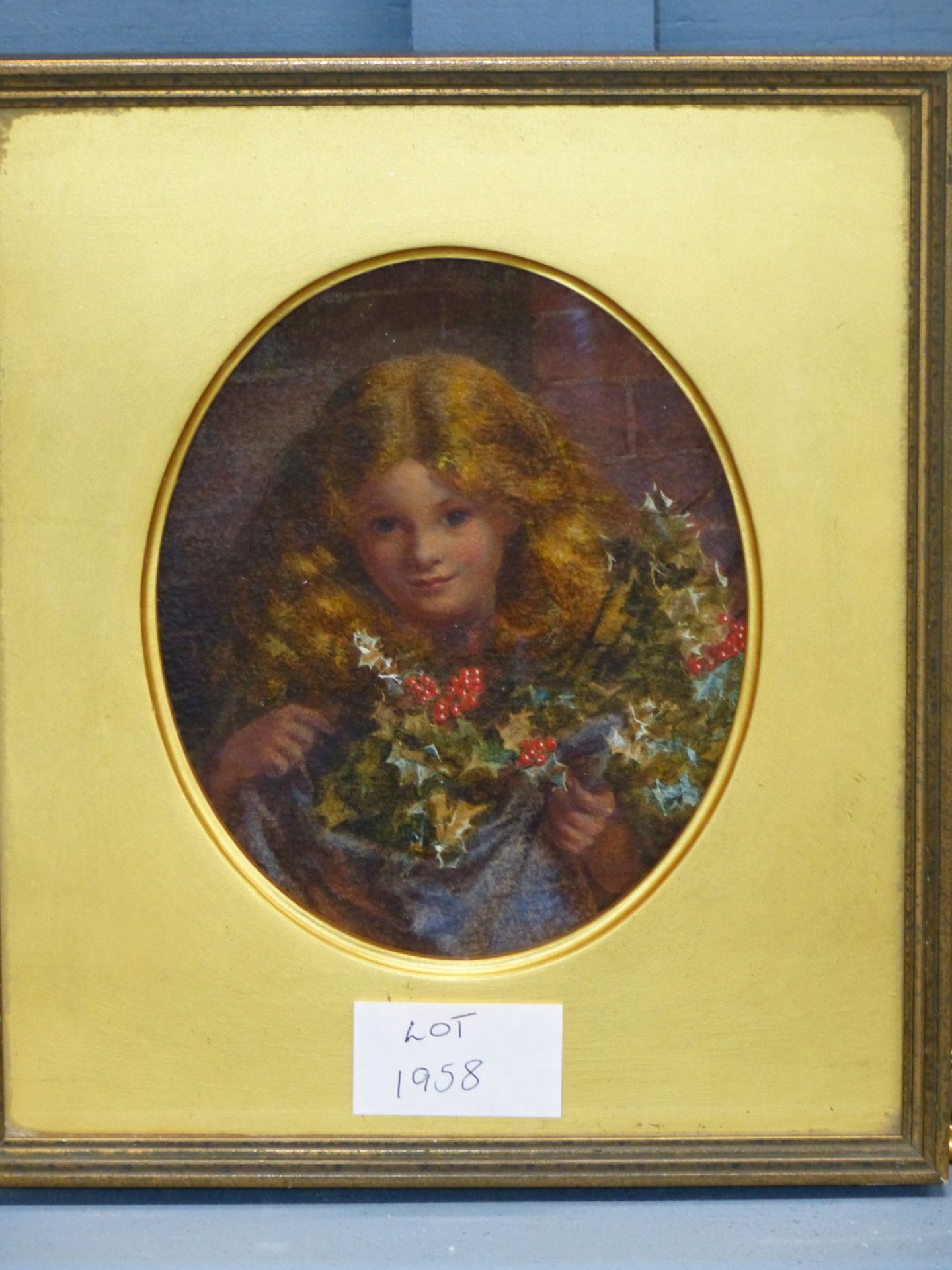 ENGLISH SCHOOL (19TH CENTURY), "CHRISTMAS", YOUNG CHILD WITH HOLLY AND IVY, WATERCOLOUR, OVAL, 10. - Image 3 of 5