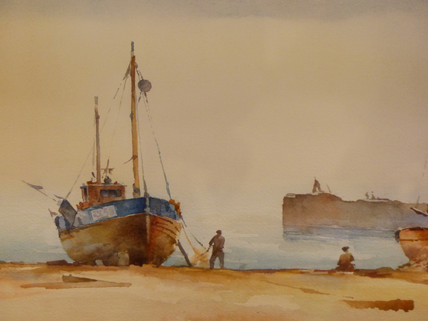 FRANCIS LEKE (1912-?), MOORED FISHING VESSEL WITH FIGURES, A PIER BEYOND, SIGNED AND DATED 30.9.81